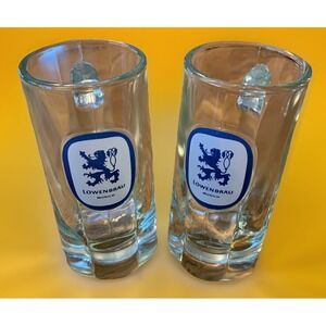 Vintage Lowenbrau Munich Heavy Glass Beer Stein Mug Bar Weighted Bottom Lot Of 2